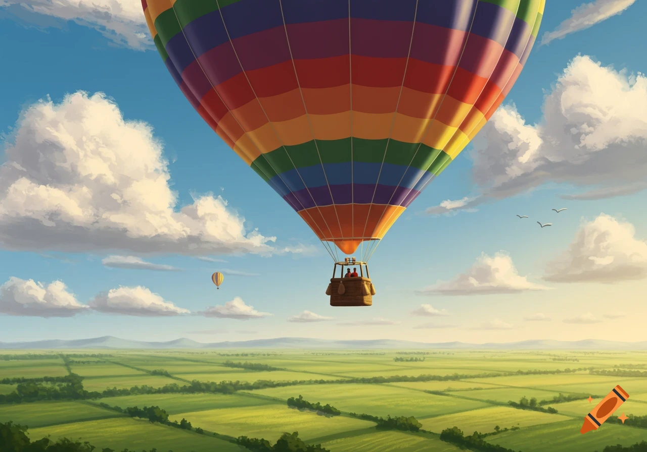 A vibrant rainbow-colored hot air balloon floats above a vast green landscape of fields under a clear blue sky with white clouds.