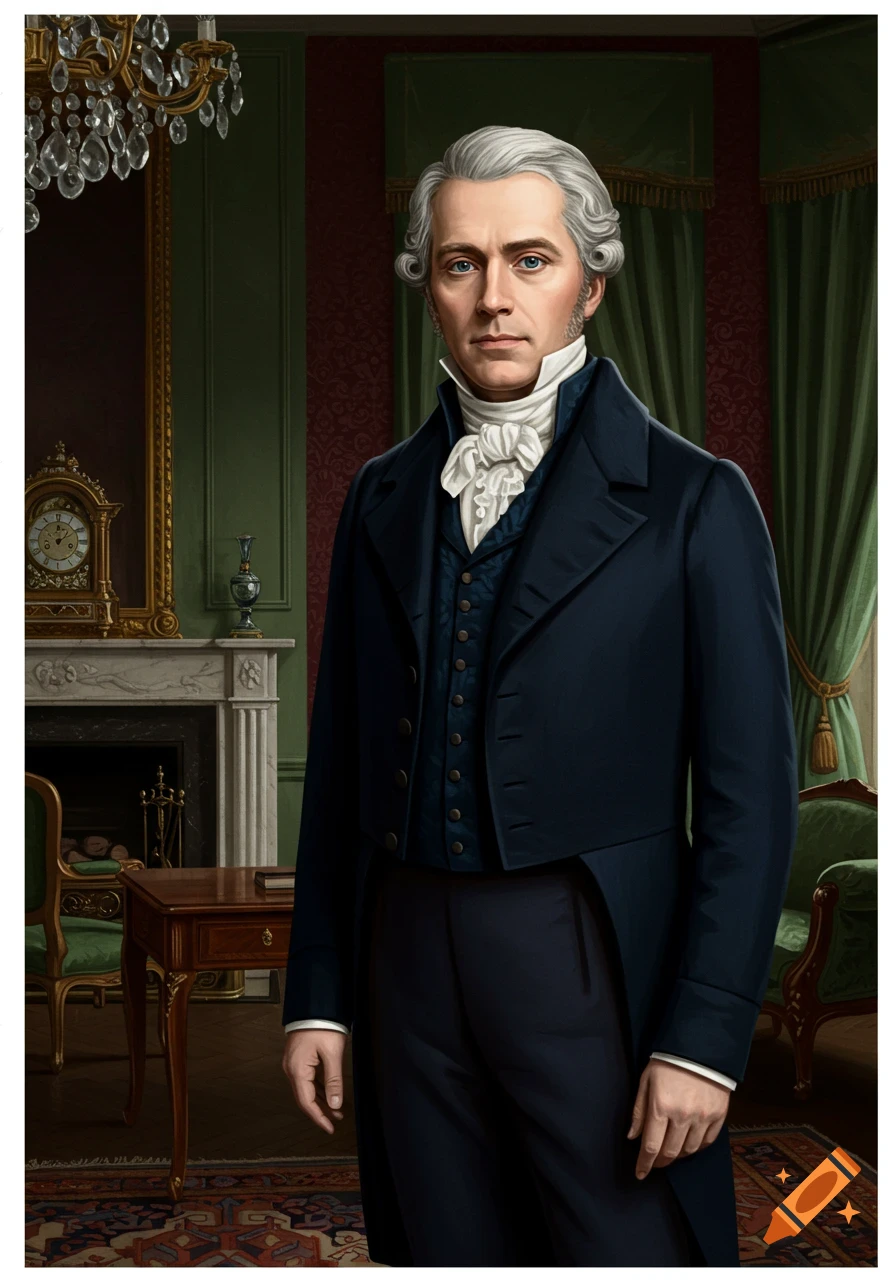 Painting of a man with white hair in 1800s formal attire, dark blue tailcoat, and white cravat, in a rich room.