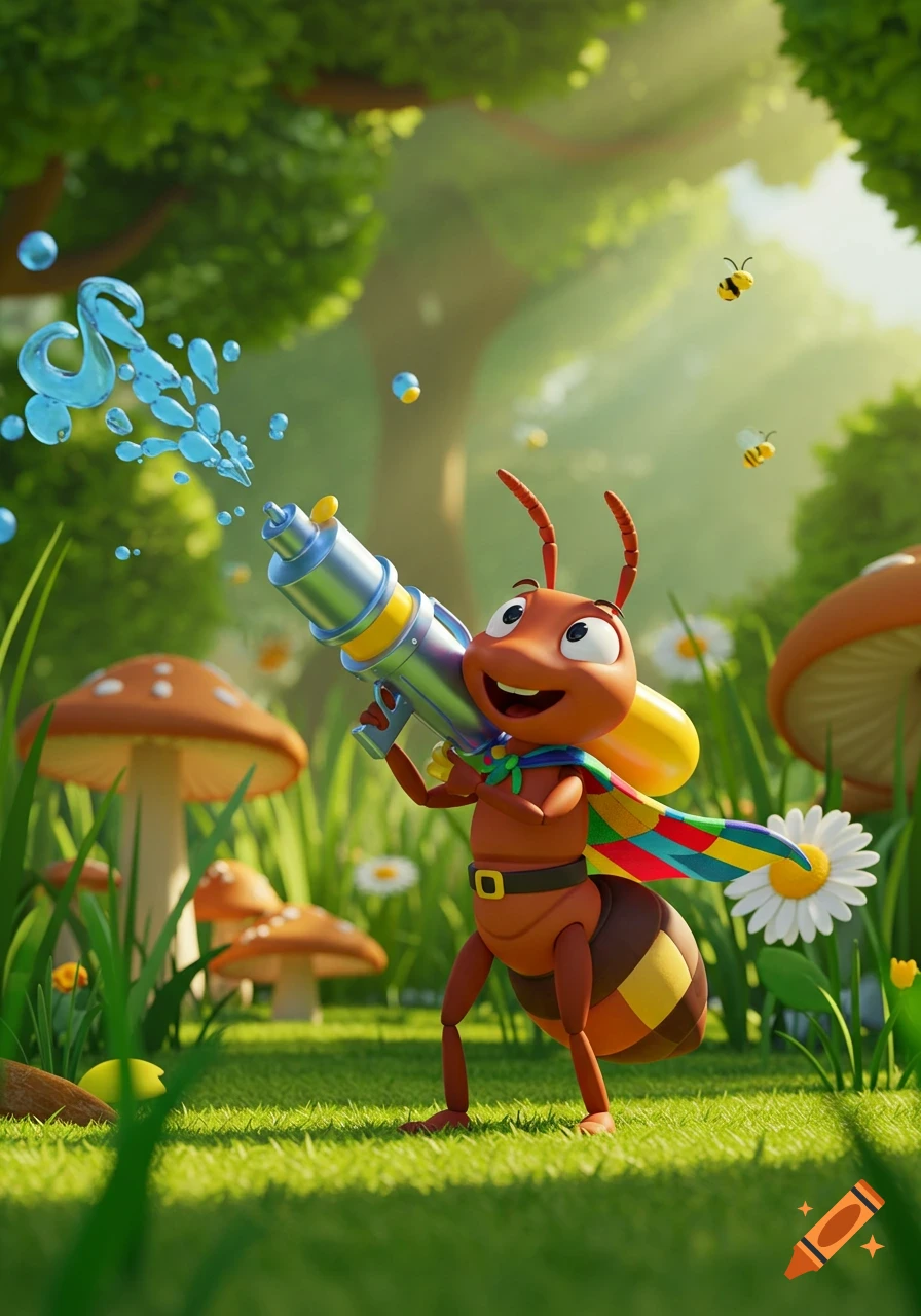 A happy cartoon ant in a colorful cape holds a water gun, spraying water shaped like an 'S' in a sunny forest with mushrooms and bees.