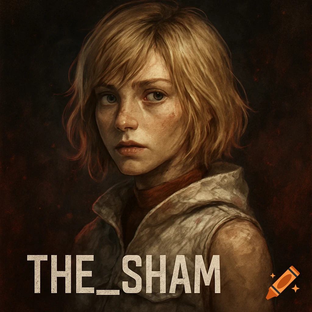 Close-up portrait of a young woman with short blonde hair and blue eyes, wearing a white vest and orange top, in a dark, gritty style, with 'THE_SHAM' at the bottom.
