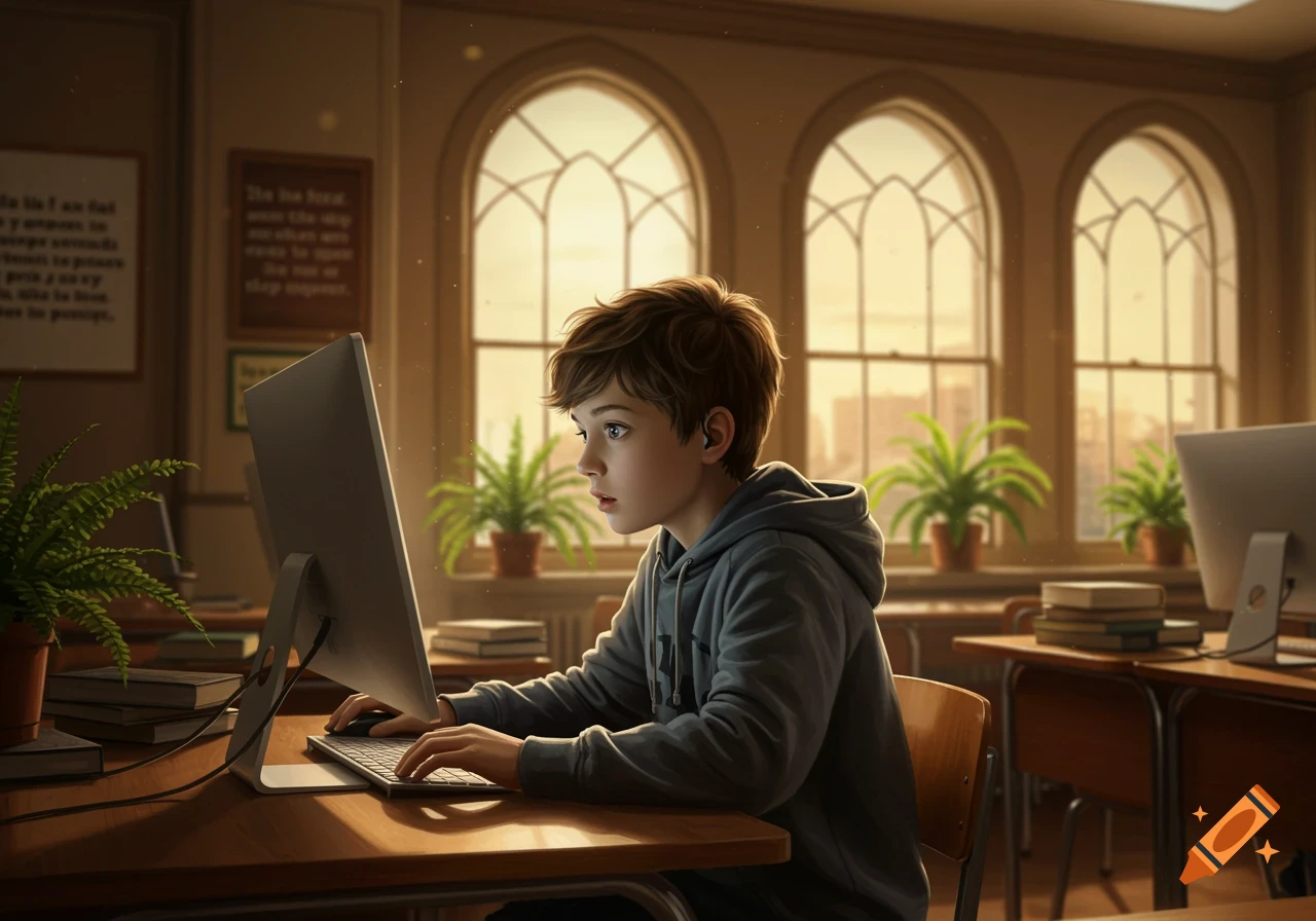 A young boy with brown hair in a grey hoodie sits at a wooden desk, focused on typing on a computer keyboard in a sunlit classroom.