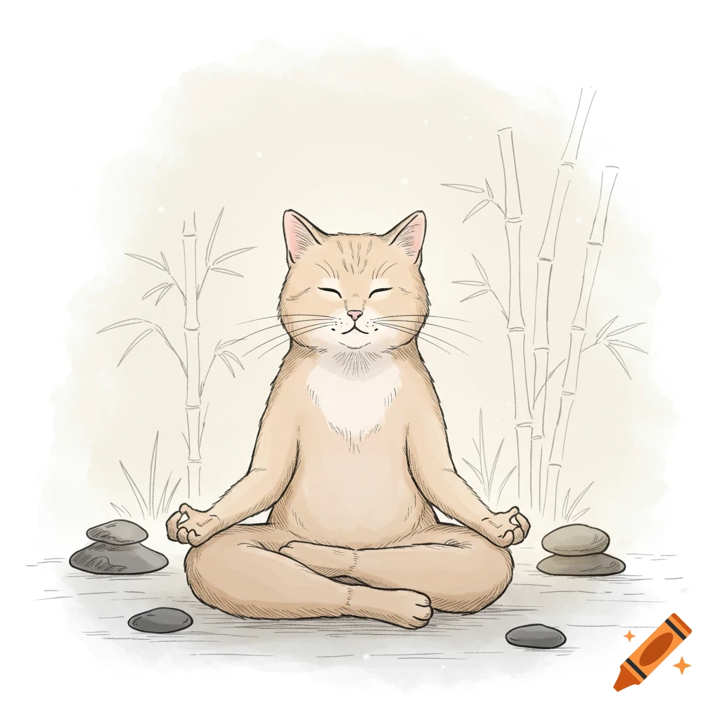 A hand-drawn illustration of a light brown cat meditating in a lotus pose, with eyes closed and paws on its knees. It is surrounded by sketched bamboo and stacked zen stones.