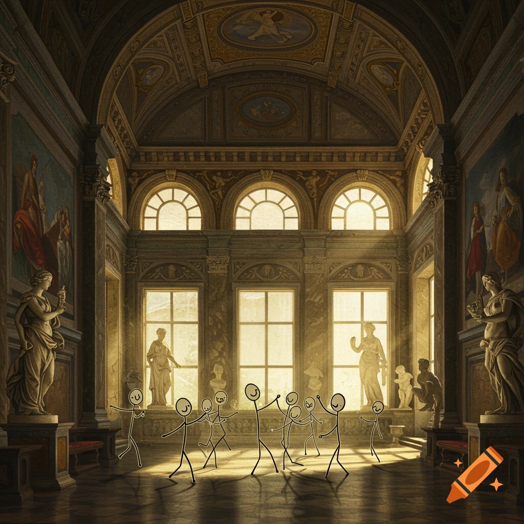 Stick figures dancing in a grand renaissance museum hall illuminated by sunlight.