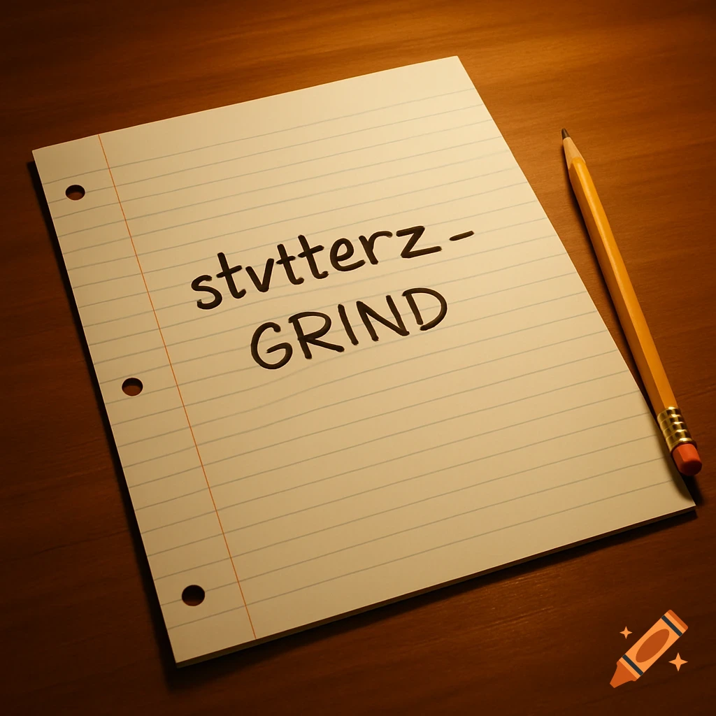 A sheet of lined paper with "stvtterz- GRIND" written on it, next to a yellow pencil, on a wooden desk.
