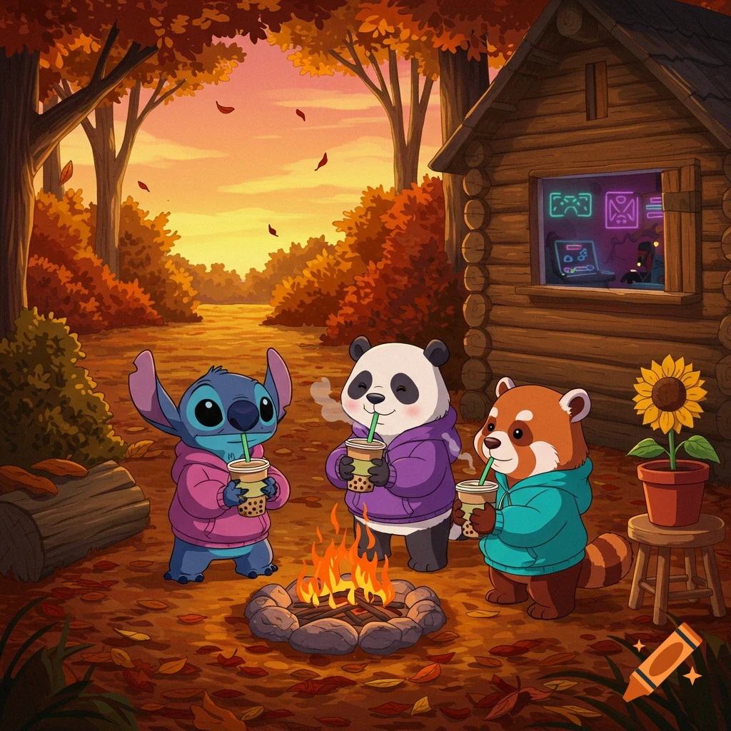 Cartoon characters Stitch, a panda, and a red panda wearing hoodies drink beverages by a campfire in an autumn forest at sunset, with a log cabin in the background.