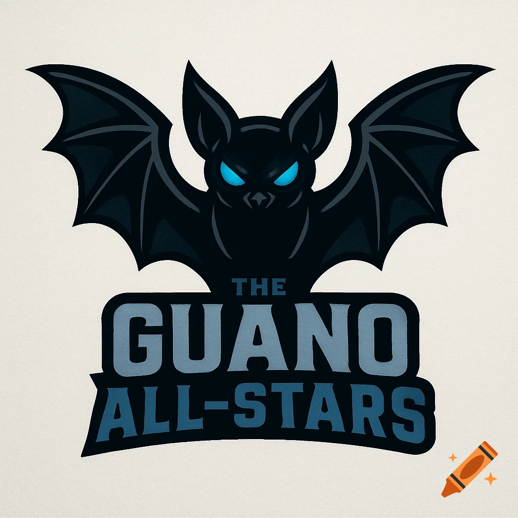 A stylized black bat with glowing blue eyes and spread wings, above a text logo reading 'THE GUANO ALL-STARS'.