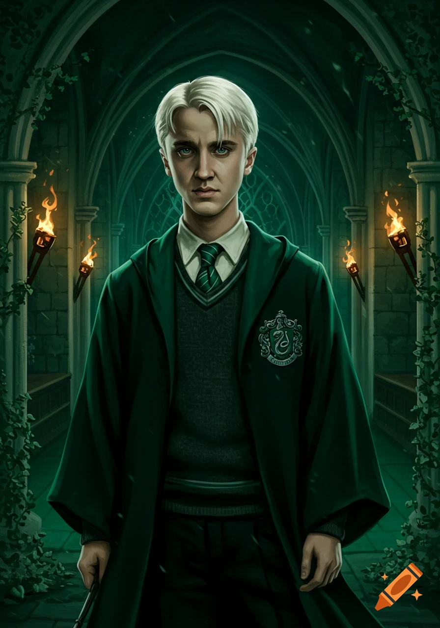 Draco Malfoy in a dark green Slytherin uniform stands in a stone hallway with torches, digital art style.