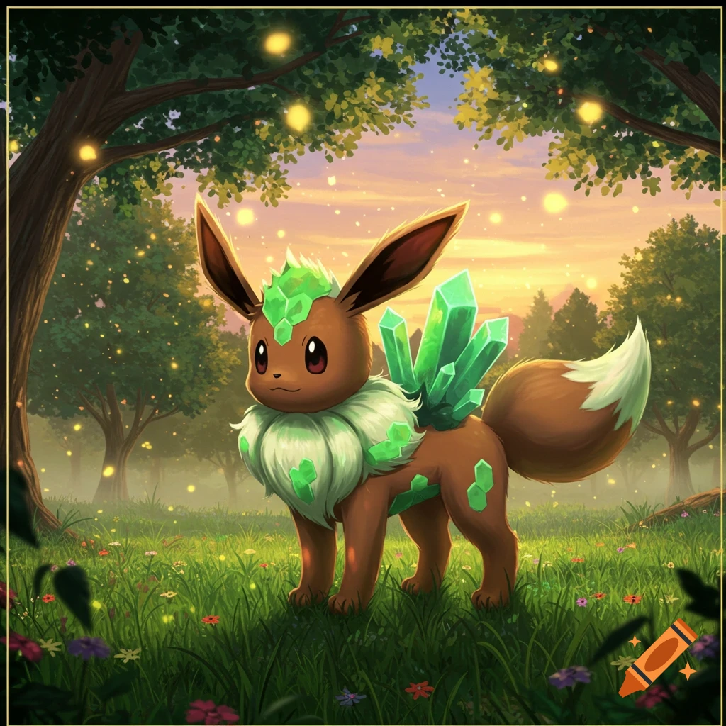An Eevee-like creature with green crystals on its head, neck, and back stands in a sunlit forest clearing.