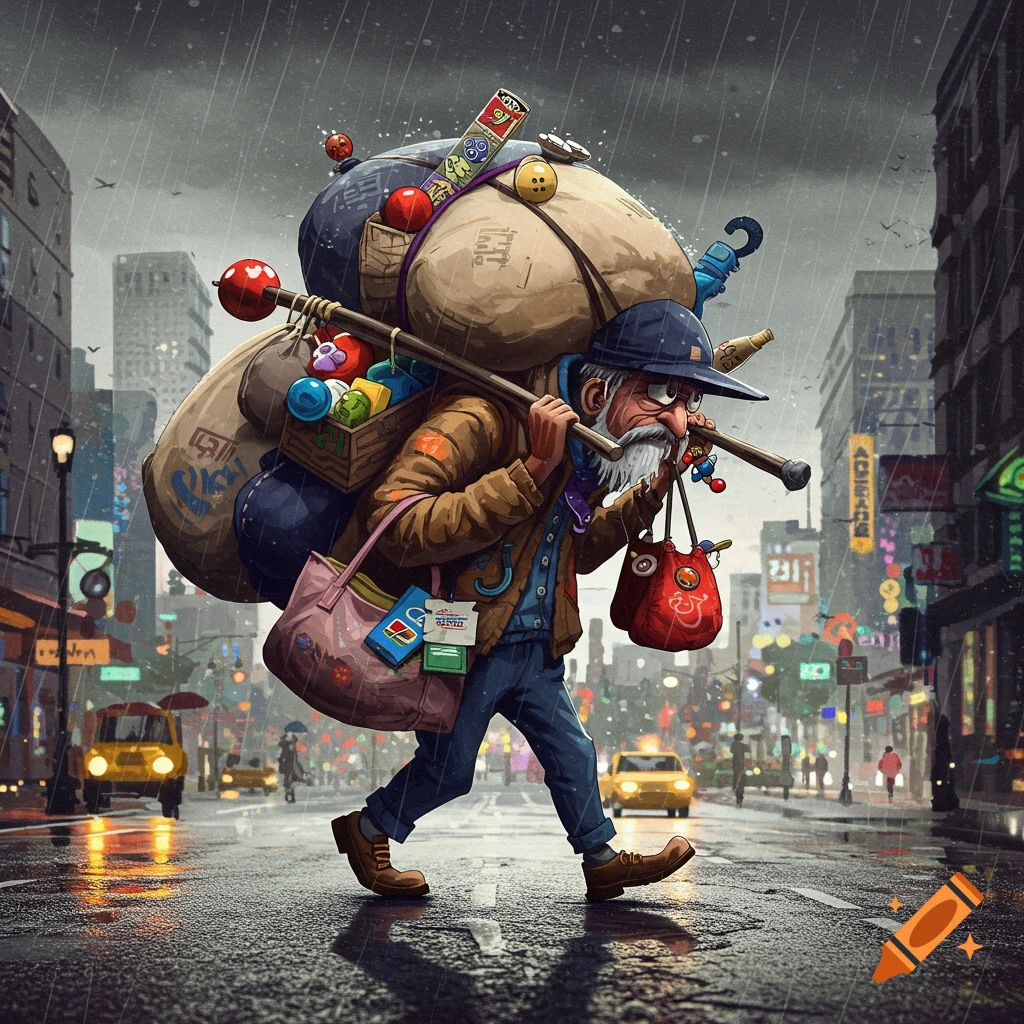 A detailed cartoon illustration of an old man with a long white beard carrying a huge, overflowing bundle on a stick over his shoulder, walking in the rain on a wet city street.