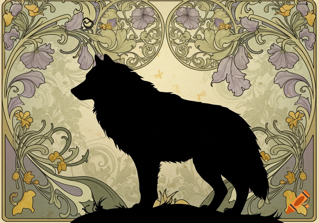 A black wolf silhouette stands against an intricate floral Art Nouveau background with purple and yellow flowers.