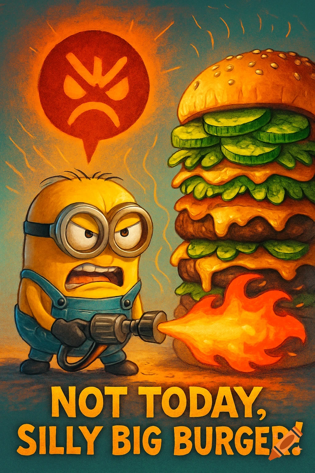 An angry Minion with a flamethrower attacking a giant burger, with text "NOT TODAY, SILLY BIG BURGER!" in a cartoon style.