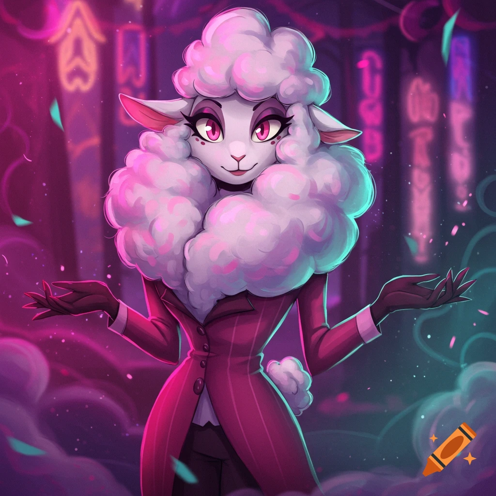 A stylish anthropomorphic female sheep in a red pinstripe suit and white fluffy collar, standing with outstretched hands in a neon-lit, hazy purple and pink setting.