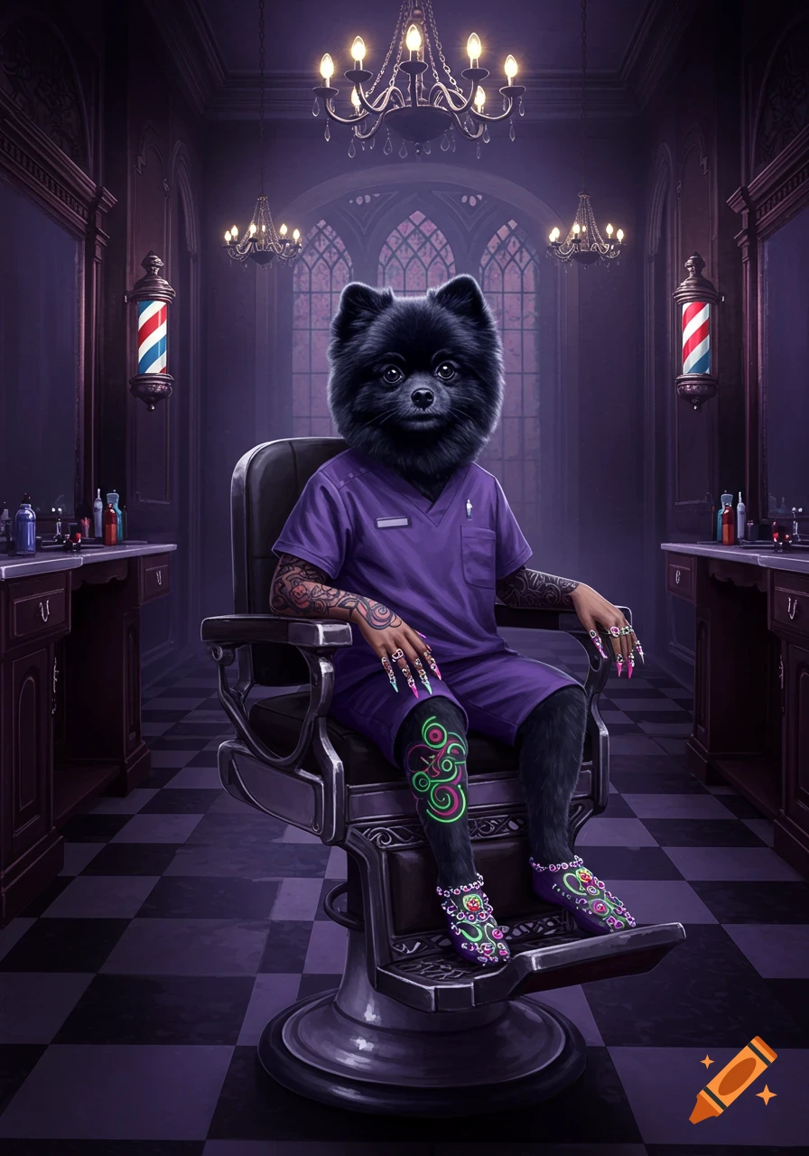 A black Pomeranian dog with arm tattoos and long neon nails wears purple scrubs in a gothic barbershop with checkered floors.