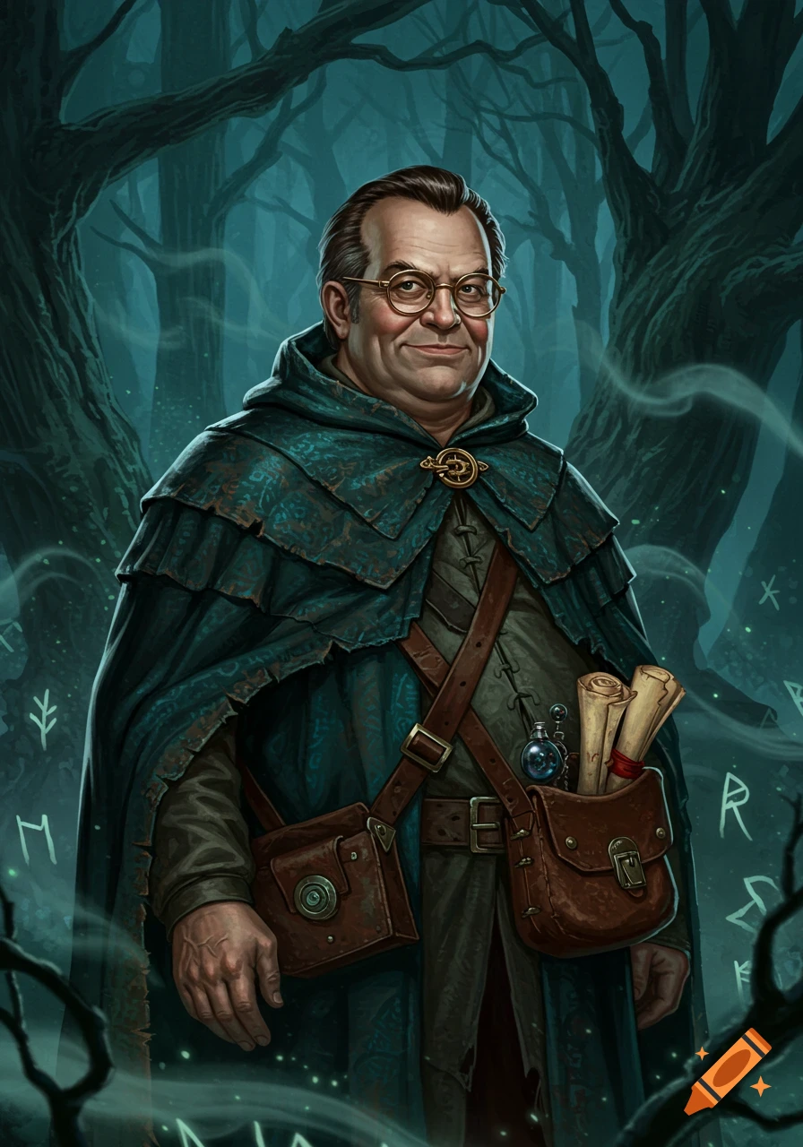 A smiling, portly man resembling Dennis Nedry, wearing a teal hooded cloak and glasses, stands in a misty, dark forest.