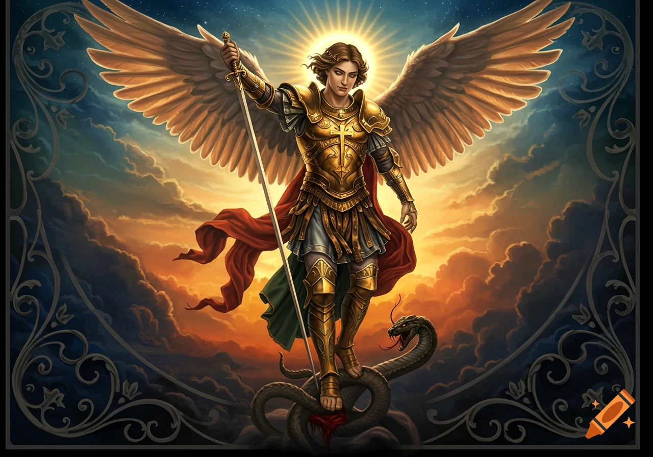 Archangel Michael in golden armor stands on a snake, holding a sword, against a vibrant sky with sun rays and clouds.