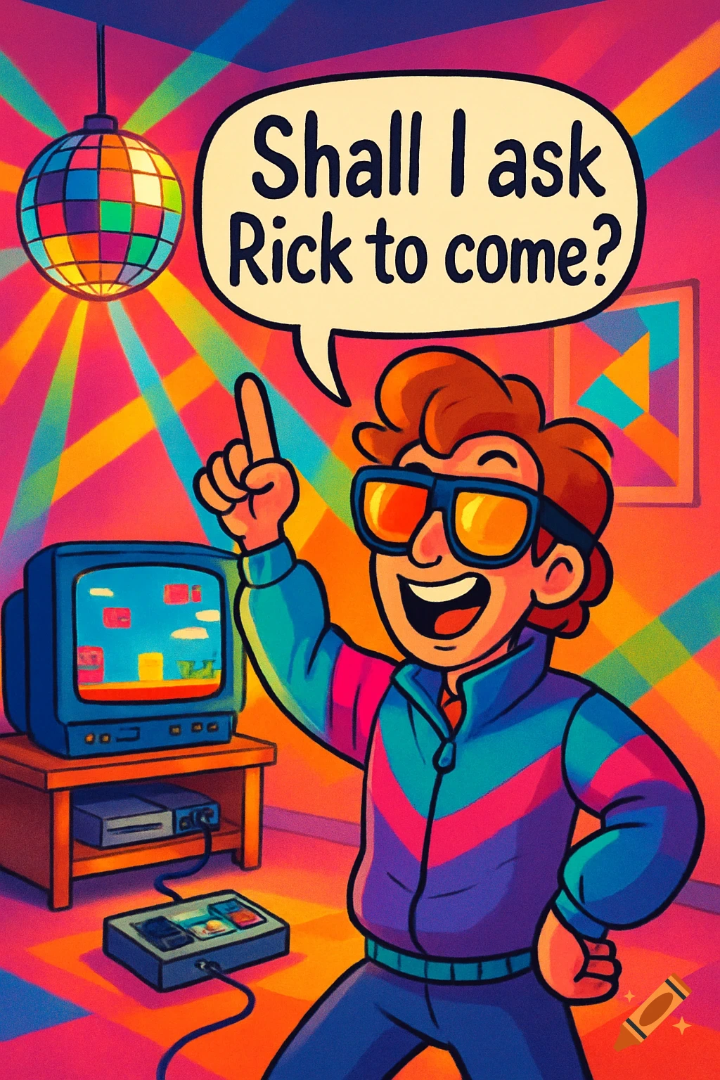 A cartoon man in 80s attire and sunglasses points up, speaking "Shall I ask Rick to come?". A disco ball shines, and an old TV shows a video game.