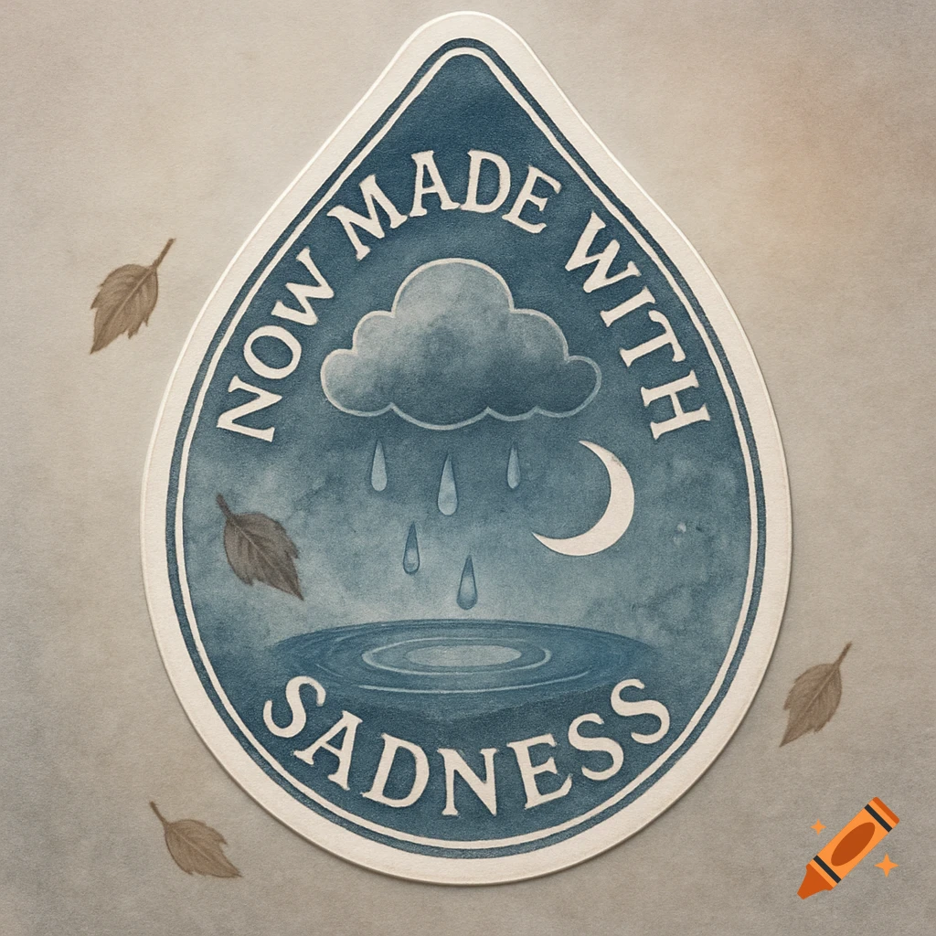 A teardrop-shaped blue and gray watercolor sticker features a raining cloud, crescent moon, and ripples over the words 'NOW MADE WITH SADNESS'.