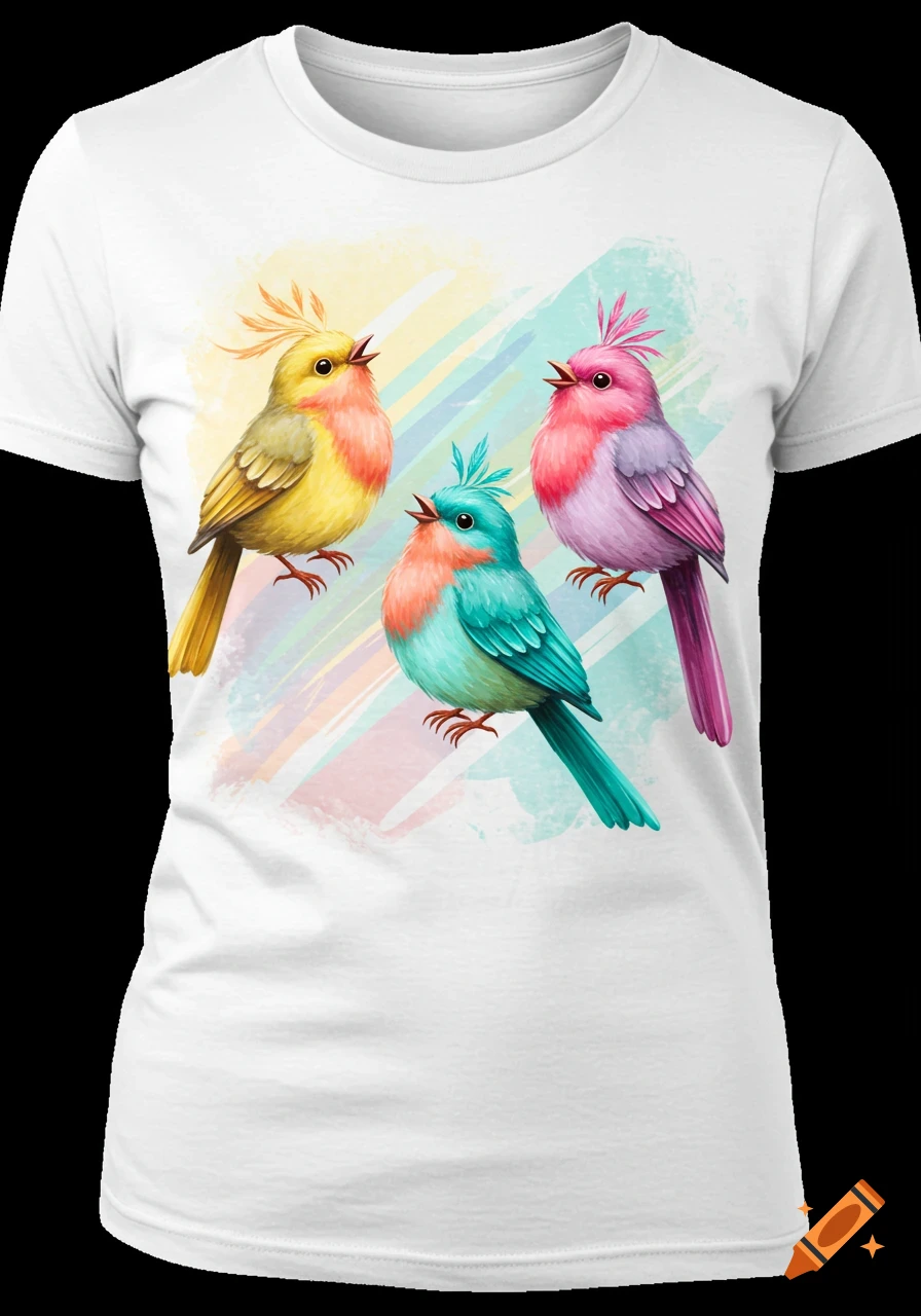 Three colorful birds with watercolor-style background on a white t-shirt.