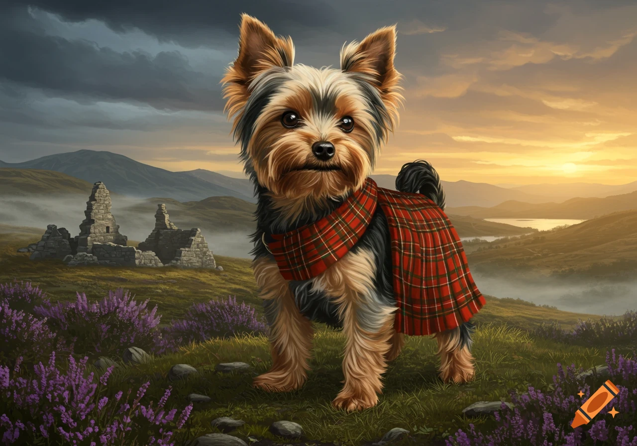 A Yorkshire terrier wearing a red tartan blanket stands on a grassy hill with purple flowers, ancient ruins, and mountains at sunset.