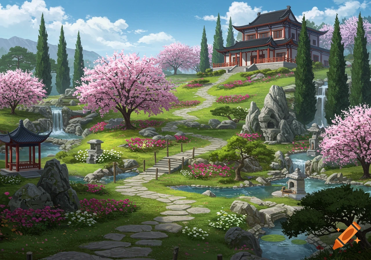A beautiful traditional Asian garden with a large house on a hill, cherry blossom trees, waterfalls, streams, and a stone path.