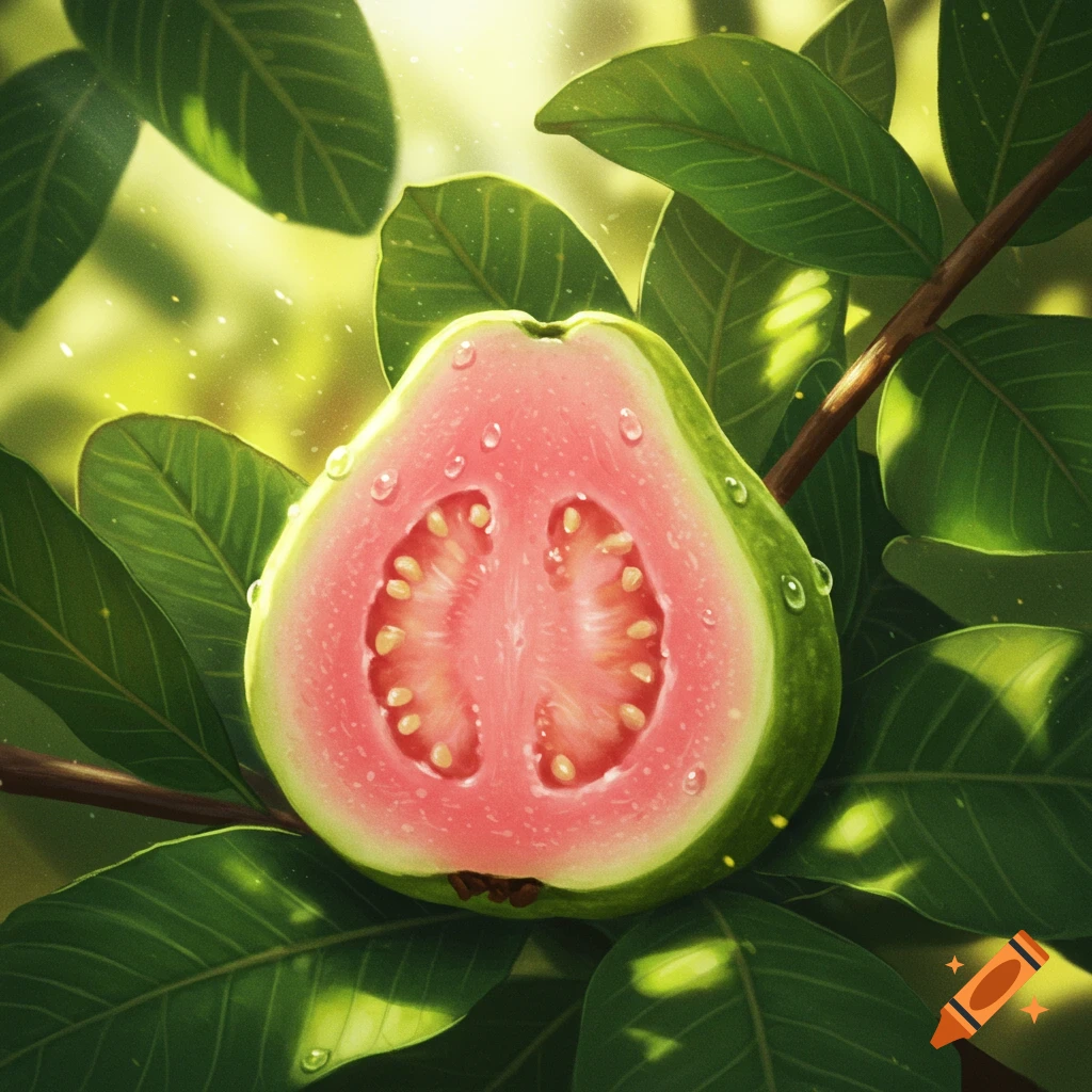 A vibrant pink guava, cut in half with seeds and water droplets, nestled among green leaves on a branch with dappled sunlight.