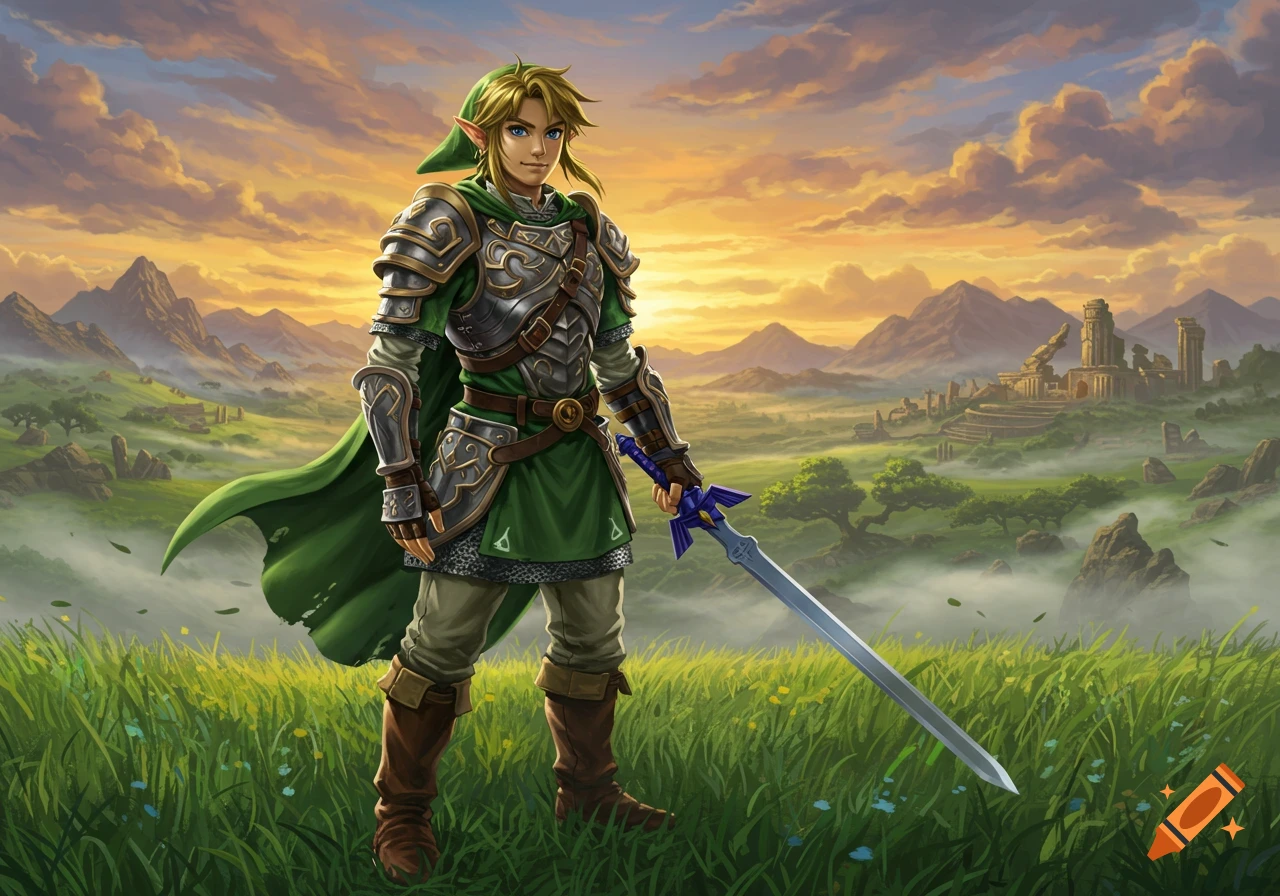 Full-body Link in ornate armor and green tunic, holding a sword in a vast fantasy landscape at sunset.