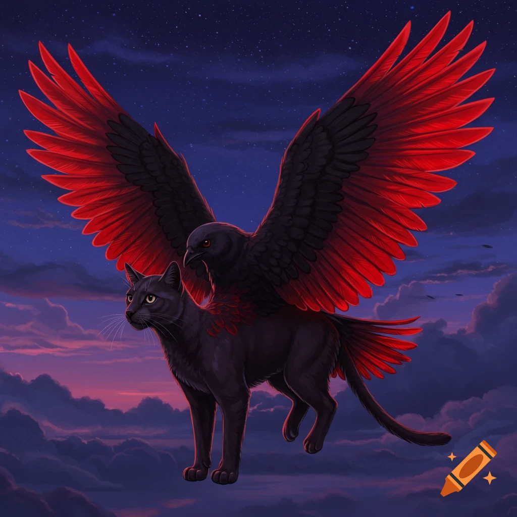 A black cat with large red and black bird wings flies through a starry purple and blue night sky with clouds.