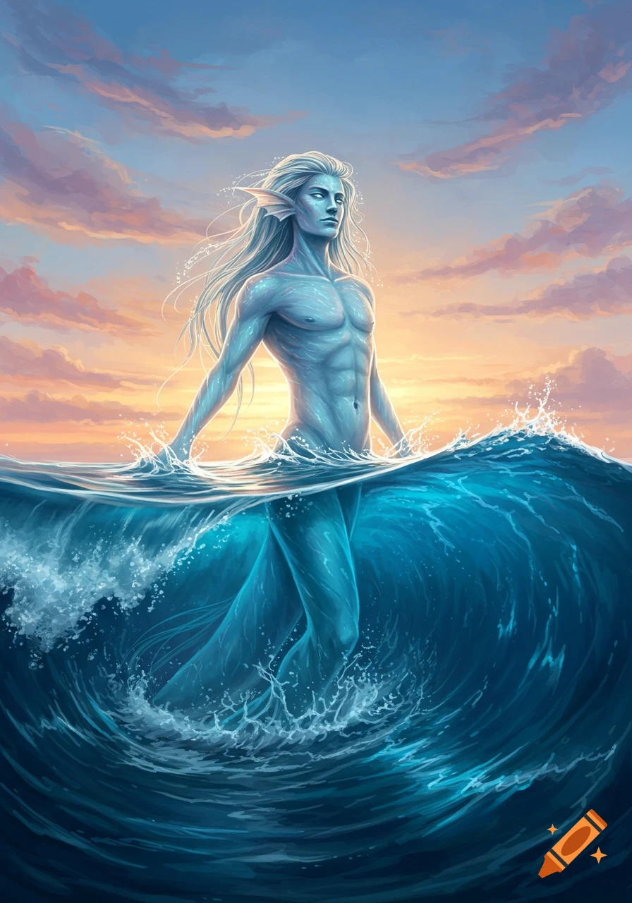 A blue-skinned male water genesi with long white hair emerges from vibrant blue ocean waves, with a dramatic sunset sky in the background.