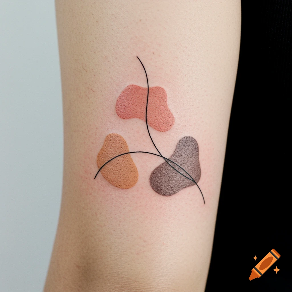 A modern tattoo on a person's arm features three soft, abstract shapes in shades of pink, tan, and brown, connected by thin black lines.