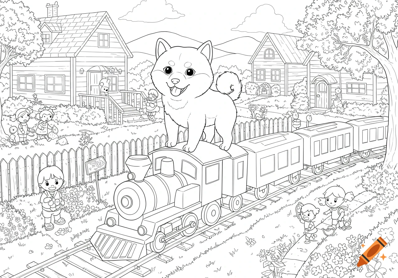 Black and white line drawing for a coloring book shows a shiba inu riding a toy train through a suburban neighborhood with children playing.