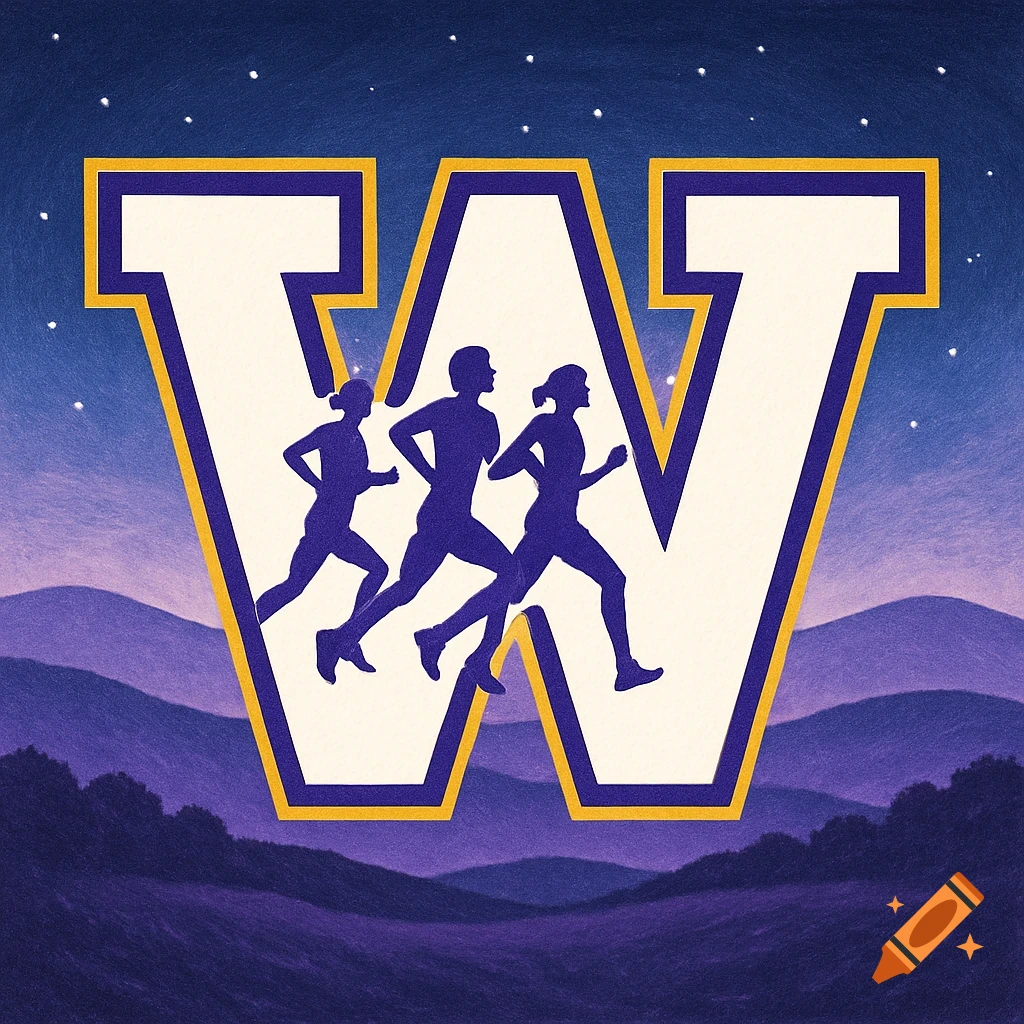 A stylized image of a large white letter W with a purple and gold outline. Silhouettes of three runners in purple are inside the W, set against a background of purple mountains and a dark blue night sky with stars.