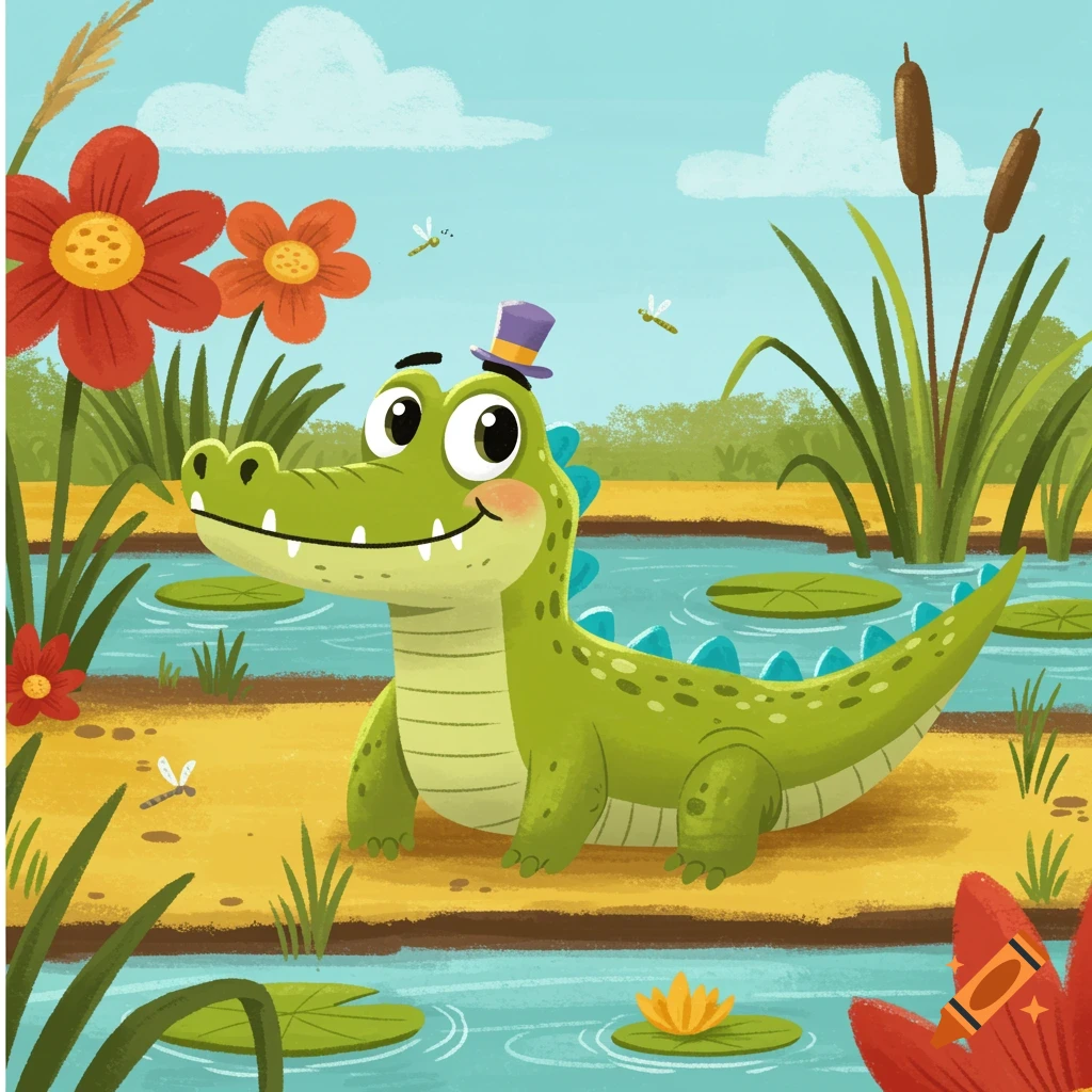 A cute green cartoon alligator wearing a purple top hat sits in a vibrant swamp with lily pads and red flowers.