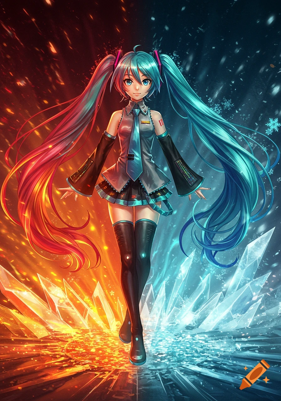 Anime illustration of Hatsune Miku standing between a fiery landscape with red hair and an icy landscape with blue hair, with large crystals.