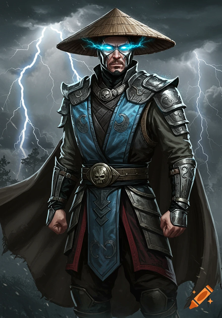 Raiden from Mortal Kombat with glowing blue eyes, wearing blue and black armor and a conical straw hat, with lightning in a stormy sky.