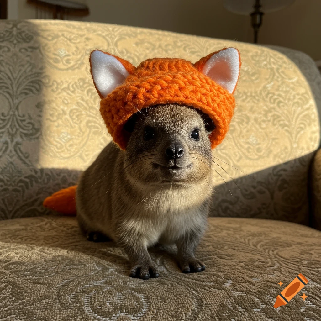 A photorealistic rock hyrax wearing an orange knitted fox hat sits on a beige couch, looking calmly at the camera.