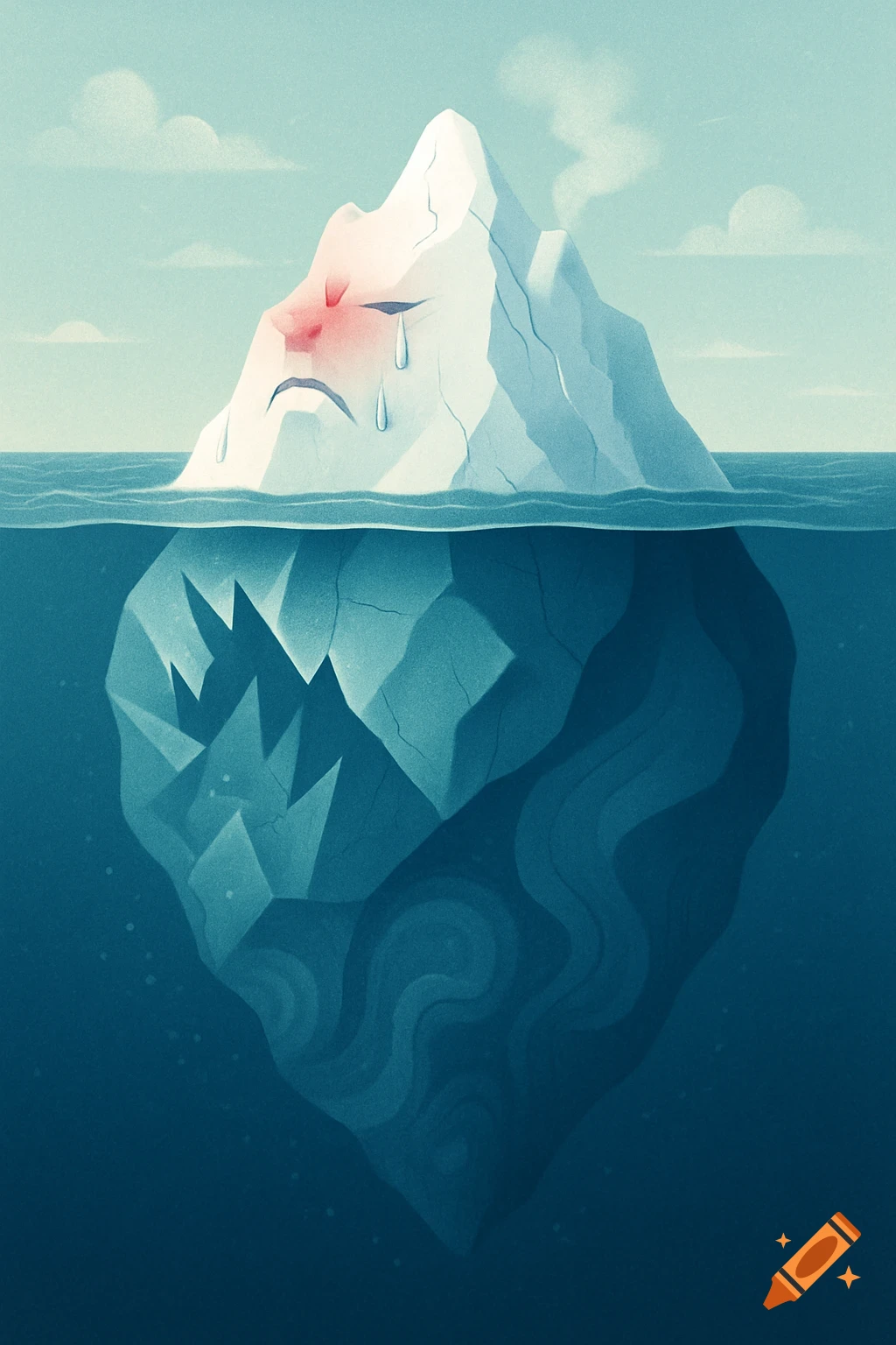 An illustrative image of a sad, crying iceberg floating in the ocean, showing its visible tip and large submerged portion.