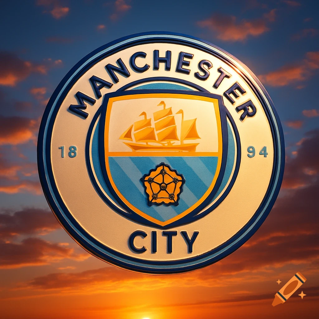 A gold and blue Manchester City football club logo with a ship and rose, set against a vibrant sunset sky.