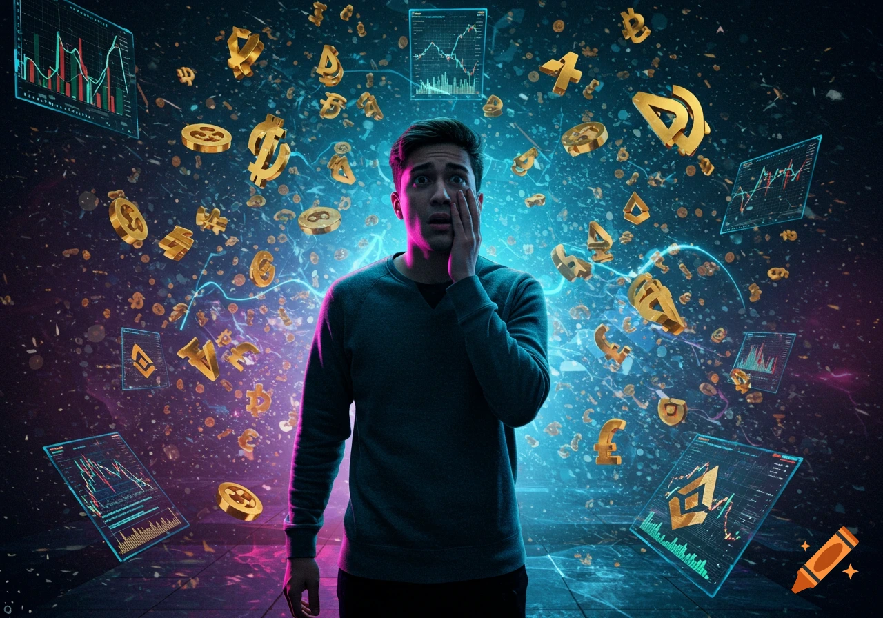A man looks shocked with hand on face, surrounded by floating golden cryptocurrency symbols and financial charts in a dark, glowing digital space.