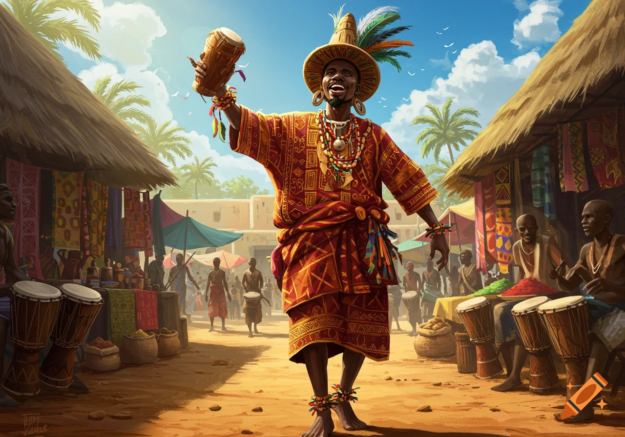 A vibrant market scene with a smiling man in traditional African clothing and feathered hat holding a drum, surrounded by people and stalls.
