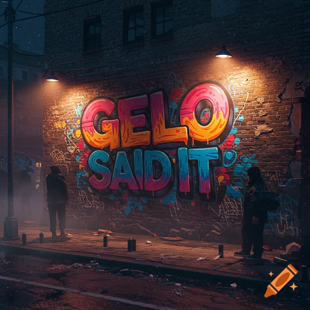 Vibrant graffiti spelling "GELO SAID IT" on a dark brick wall in a misty urban alley at night, lit by lamps.