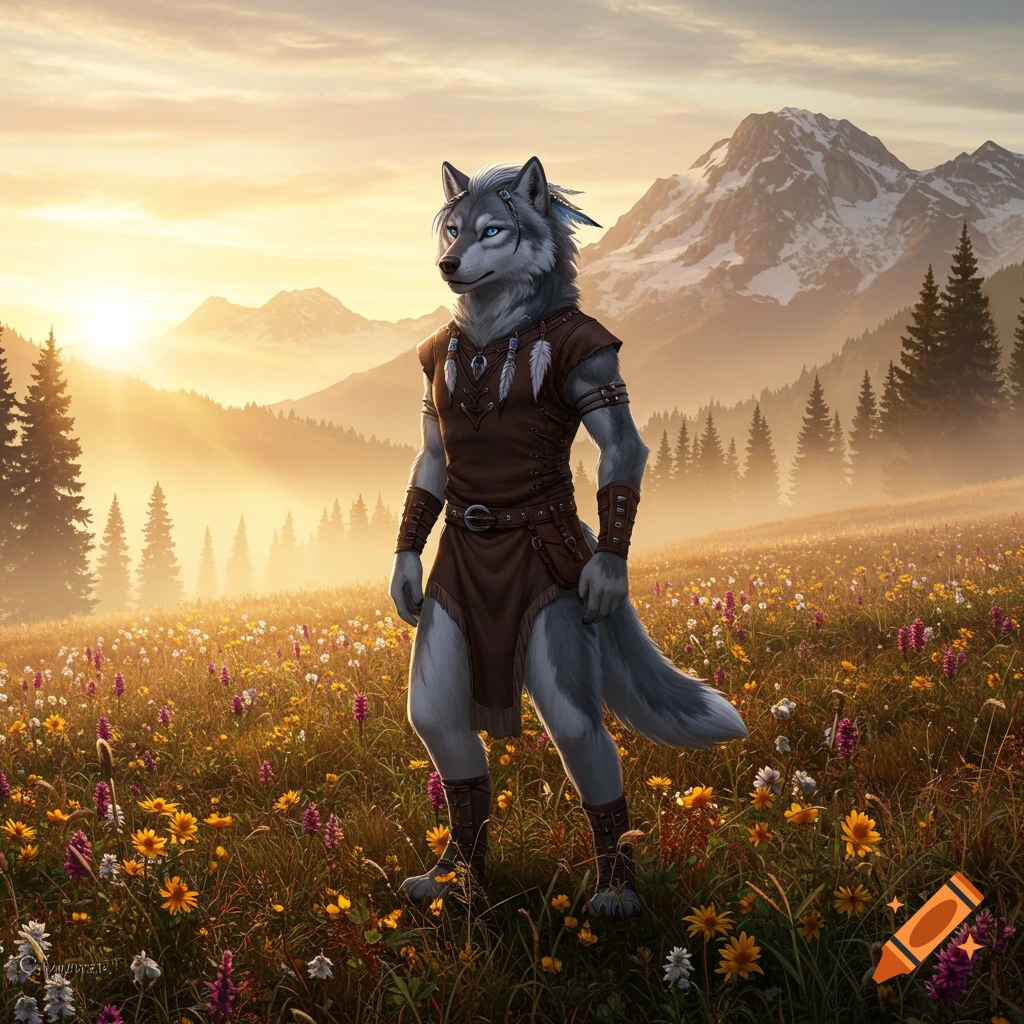 Photorealistic anthropomorphic wolf standing in a vibrant wildflower field at sunset with mountains in the background.