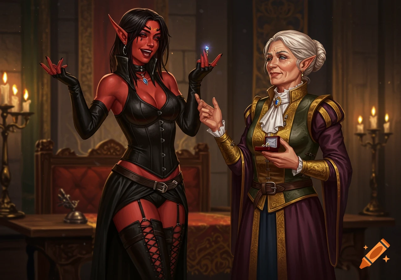 A smiling red-skinned elf in black leather excitedly shows a ring on her finger to an older grey-haired human woman holding a ring box, in a richly decorated room.