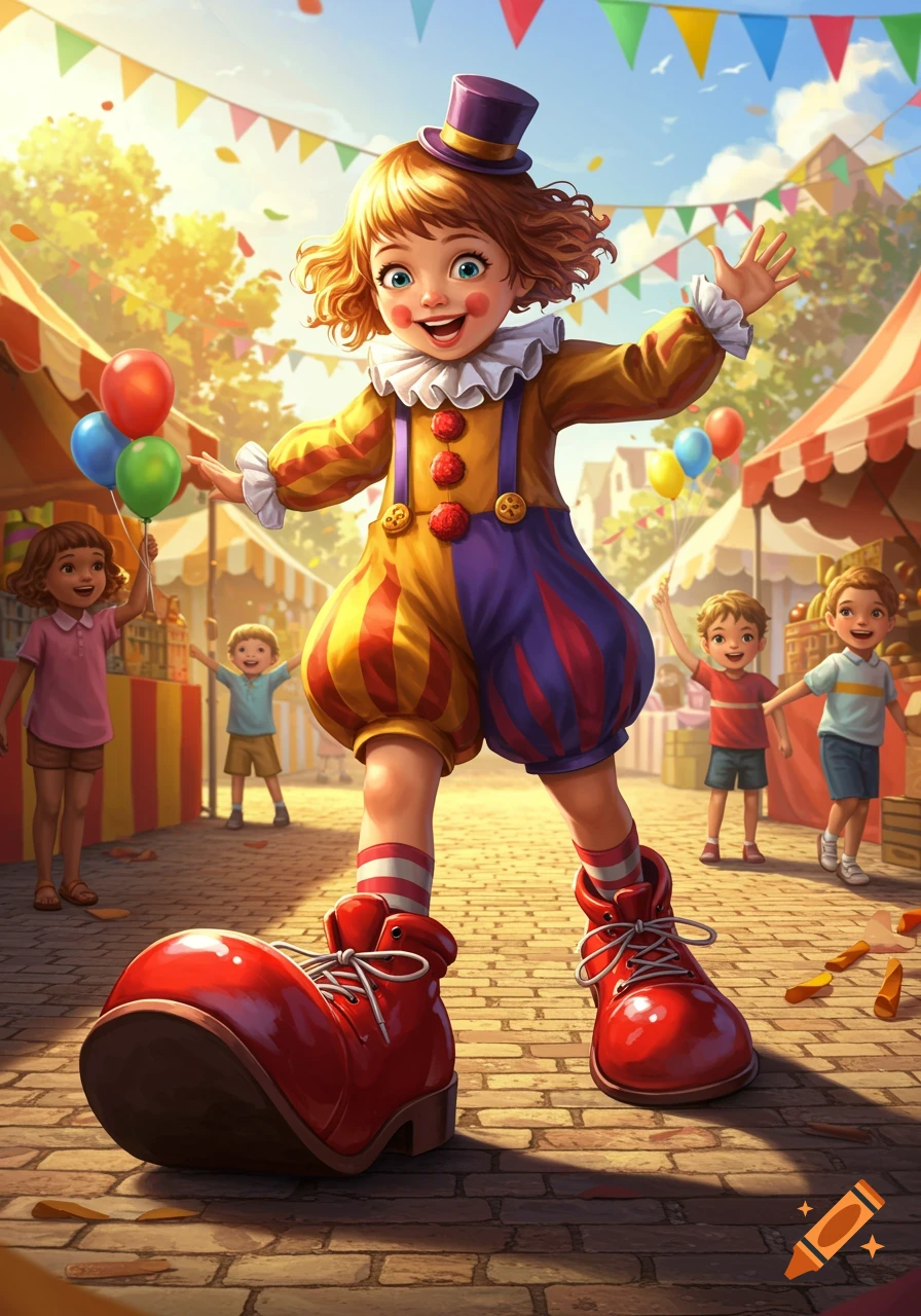 A smiling girl dressed as a clown in oversized red shoes stands at a sunny carnival with other children and balloons in the background.