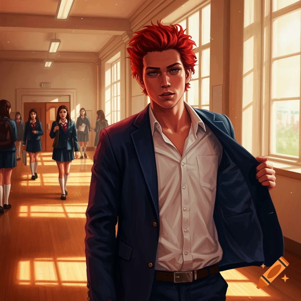 A red-haired high school boy in a blue blazer walks down a sunlit school hallway, with other students in the background, anime style.