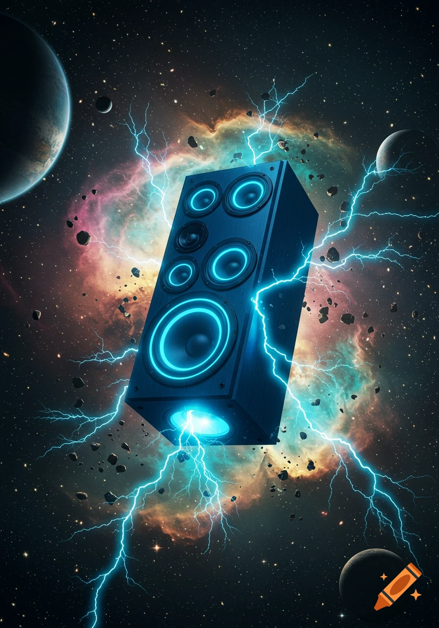A large blue speaker with glowing woofers floats in outer space, surrounded by bright blue lightning bolts, distant stars, colorful nebulas, and multiple planets.