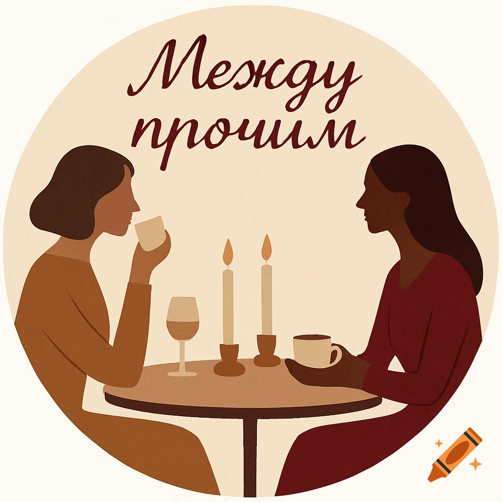 Minimalist illustration of two women at a table with candles, coffee, and wine, text 'Между прочим' above.