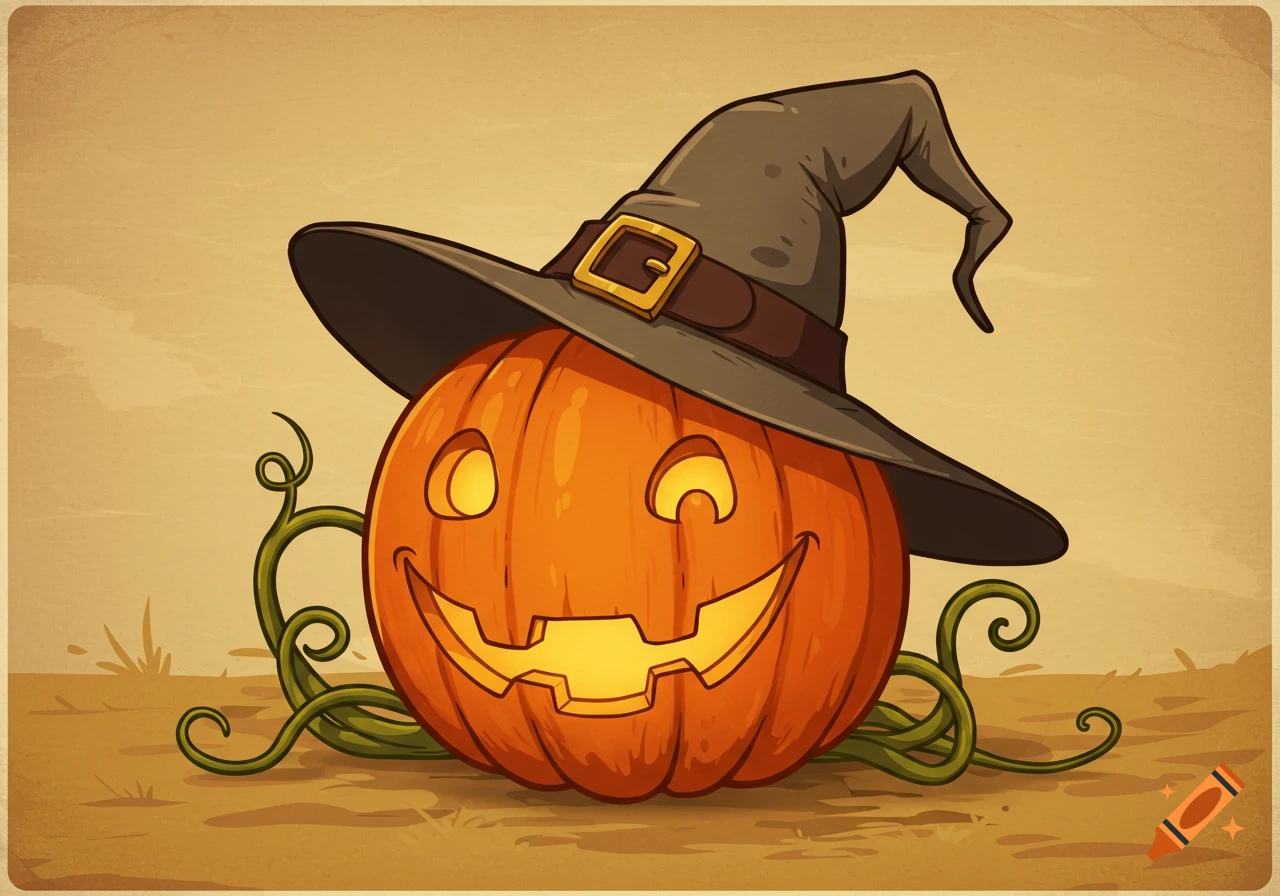 A smiling, cartoon jack-o'-lantern wearing a grey witch hat, rendered in a rubber hose art style on a textured background.