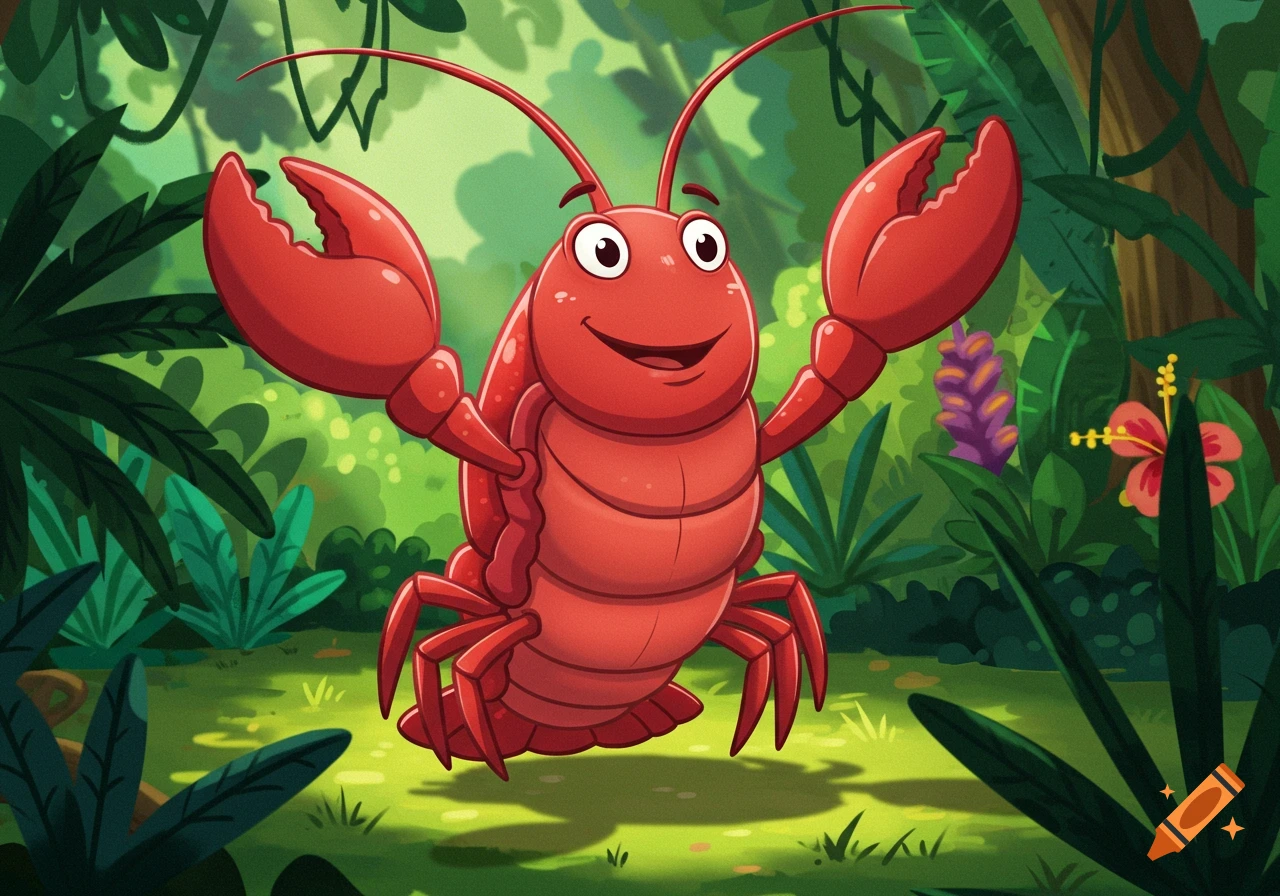 A happy, friendly cartoon lobster with large claws standing in a vibrant green jungle.