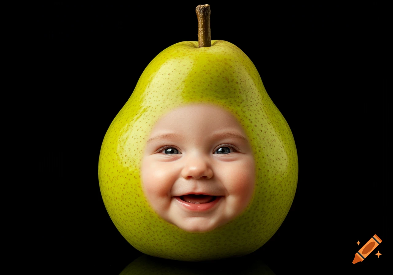 A photorealistic green pear with a smiling baby's face integrated into its body, against a black background.