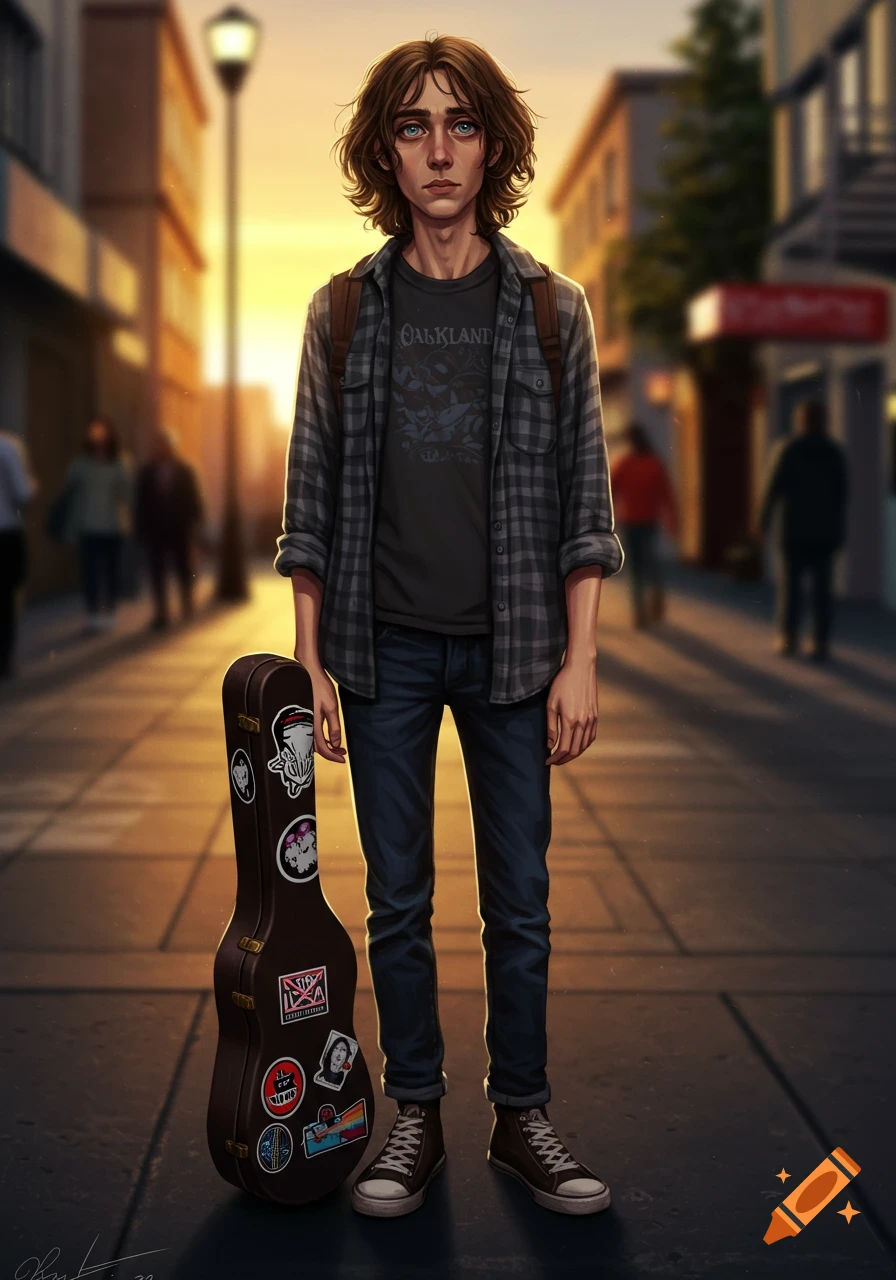 A young man with long brown hair, wearing a plaid shirt, jeans, and a backpack, stands on a city street at sunset with a sticker-covered guitar case beside him.